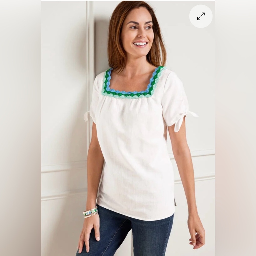 🎉Host Pick 2x🎉Talbots White Crochet Trim Neckline Linen Top - 2X Plus Petite